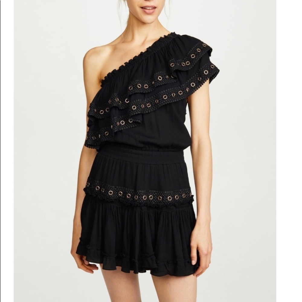 Misa Los Angeles Larissa Black Mini Dress Gold Grommets, One Shoulder top NWT🖤